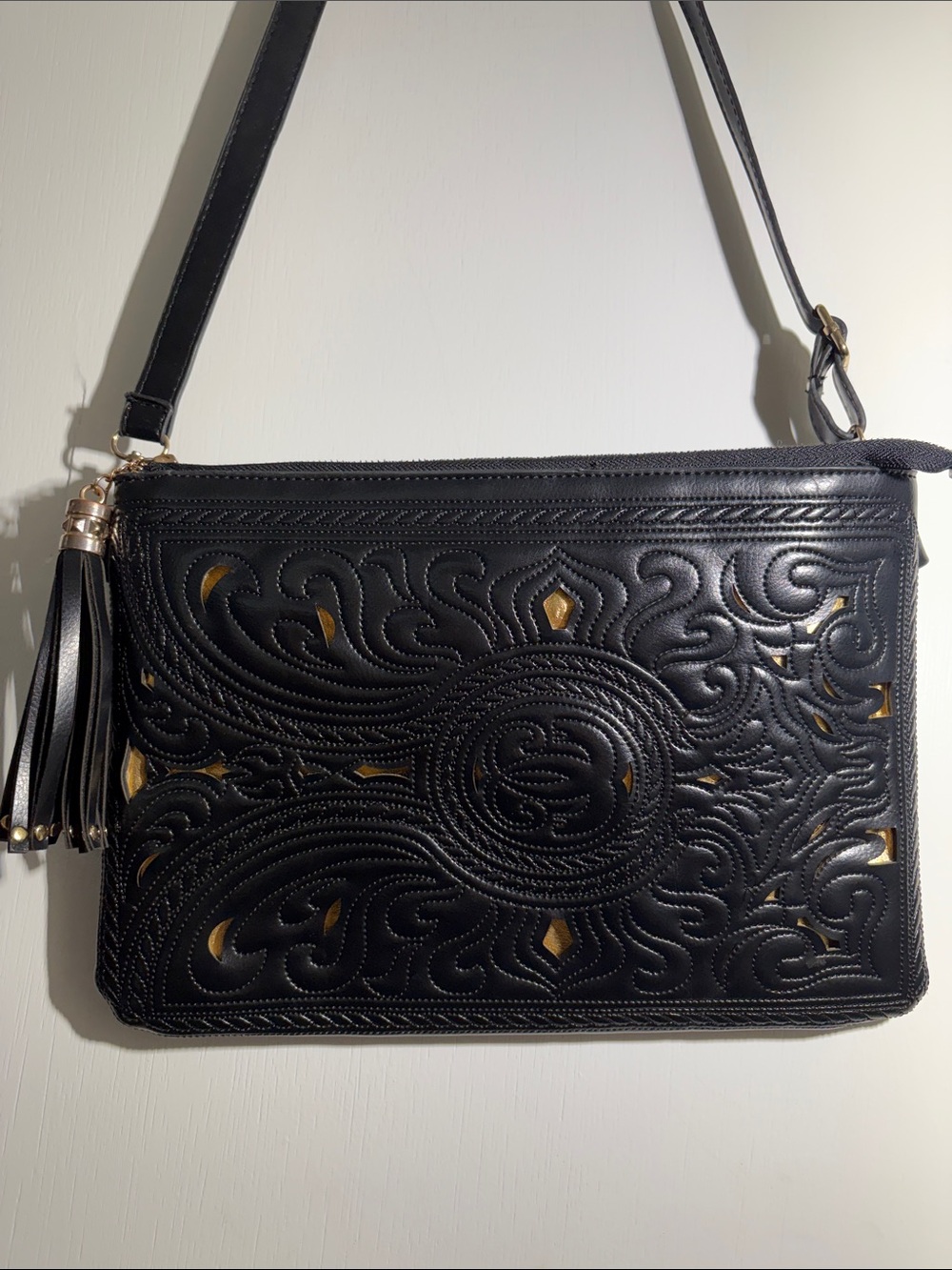 Black Embossed Leather Tassel Crossbody Bag